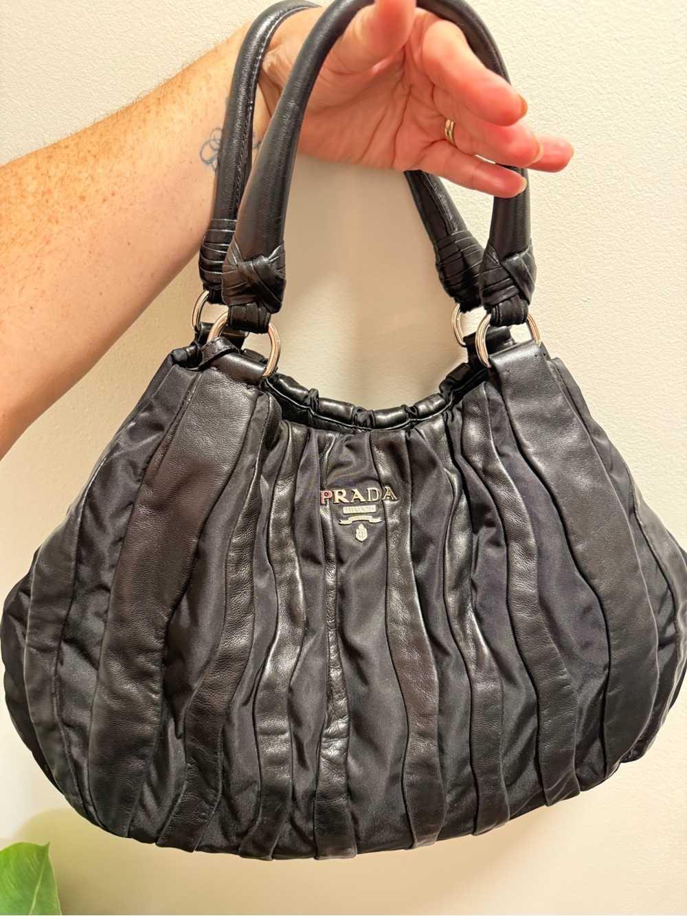 Prada Black Leather Pleated Shoulder Bag